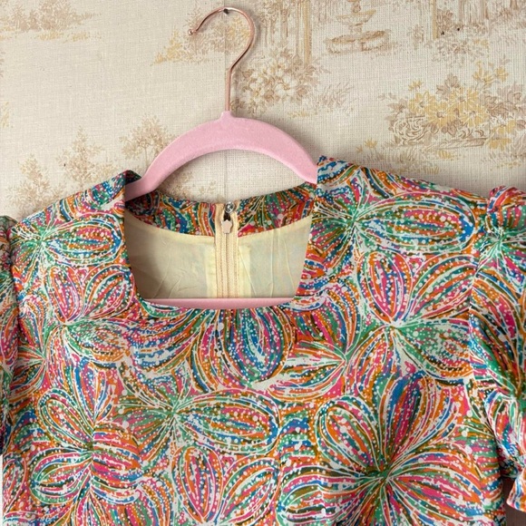 Vintage 50s 60s rainbow floral print short sleeve square neck midi party dress - Picture 5 of 7